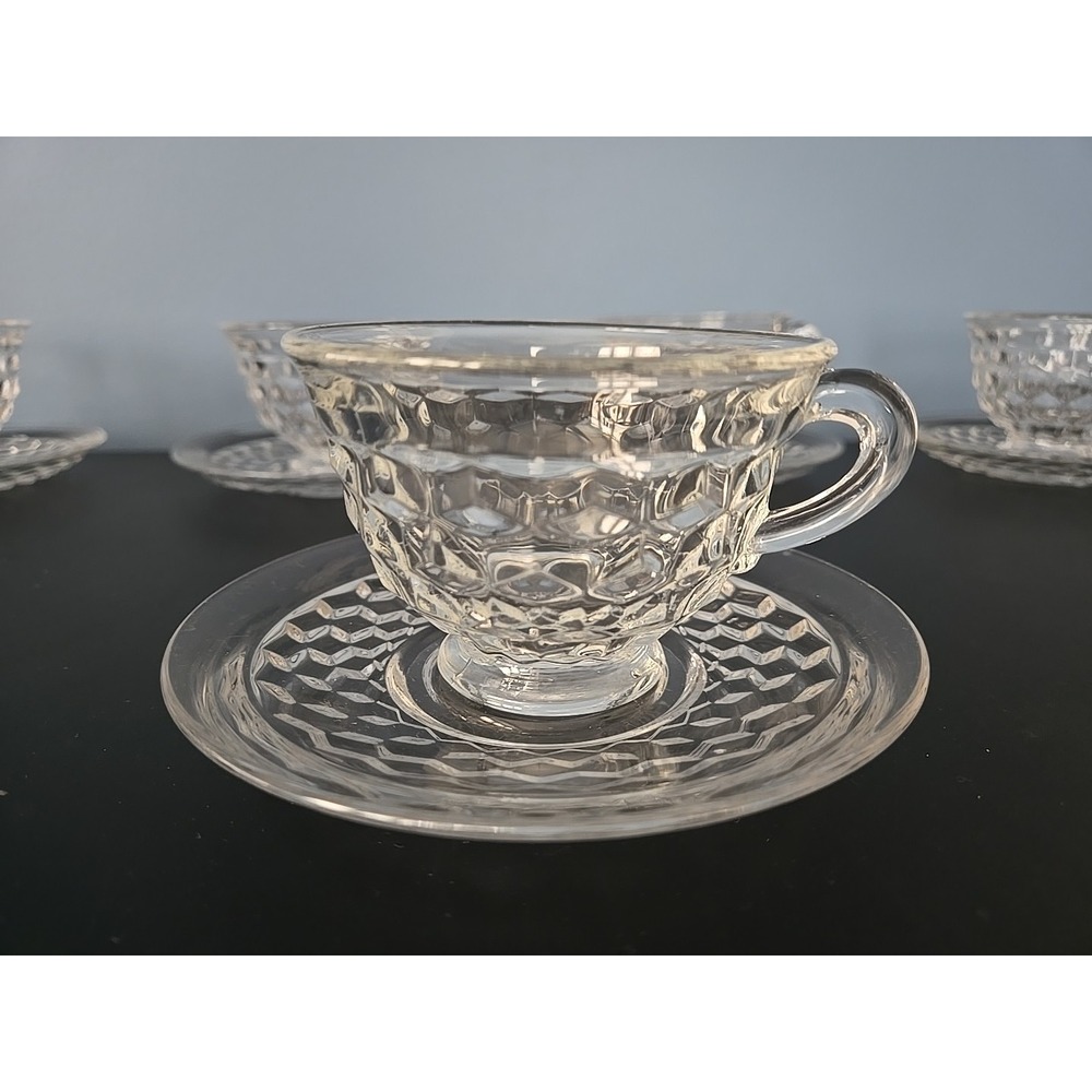 American Fostoria Whitehall Clear Cube Elegant Flared Glass 1 Cup 1 Saucer Set